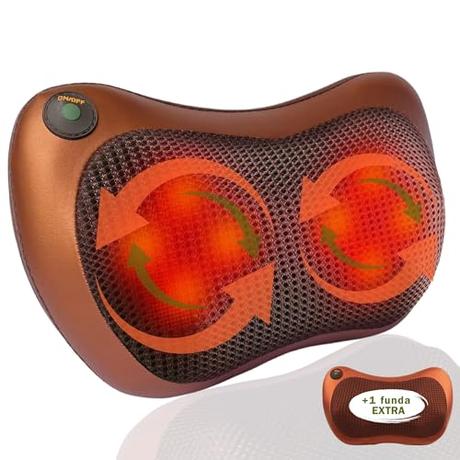 Masajeador Cervical y Espalda. Cojín Eléctrico con Calor y una Funda Extra (Marrón) - Almohada Cervicales y Cuello, Masaje Shiatsu Bidireccional con 8 Rodillos, Ideal para Casa, Oficina, Coche o Viaje