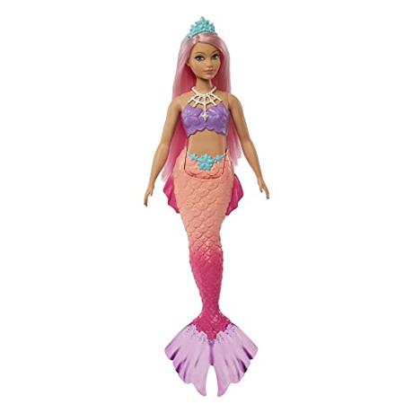 Barbie Sirena Muñeca con Pelo Rosa, Cola ombré, Corona Azul y Aletas esculpidas, Juguete +3 años (Mattel HGR09)