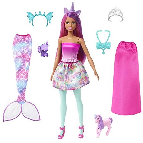 Barbie Dreamtopia Muñeca con 3 Looks, con Ropa y Accesorios de Sirena, Unicornio y Real, Juguete +3 años (Mattel HLC28)