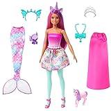 Barbie Dreamtopia Muñeca con 3 Looks, con Ropa y Accesorios de Sirena, Unicornio y Real, Juguete +3 años (Mattel HLC28)