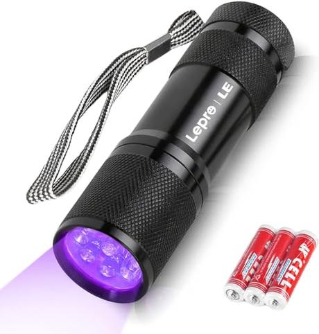 Lepro Linterna Ultravioleta 9 LED, 395nm Linterna UV con Luz Negra, Flashlight para Detectar Manchas de Orina y de Mascota, Billetes, 3*AAA Pilas Incluidas