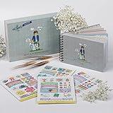 Album Fotos Comunión Niño | HappyMots | 22cm x 15cm | Libro de Firmas Comunión Niño | Viene con Caja Protectora | Album Fotos para Pegar y Escribir | Set de Pegatinas Decorativas Incluido.