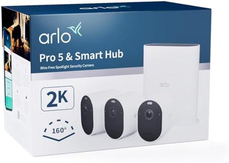 Arlo Pro 5 Camara de Vigilancia WiFi Exterior 2K + Smart Hub, Camara Vigilancia WiFi Interior, Sensor de Movimiento, Alarmas Para Casa, Visión Nocturna, Prueba Arlo Secure Incluida, 3 Cámaras, Blancas