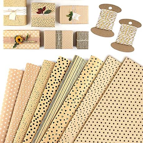 GmeDhc Papel de Regalo Kraft Vintage, 8 Piezas Rollo Papel Kraft Decorado, 50x70cm Papel Para Envolver Regalos, Papel Regalo Kraft con 2 Cuerda de Algodon para Cumpleaños, Navidad, Bodas