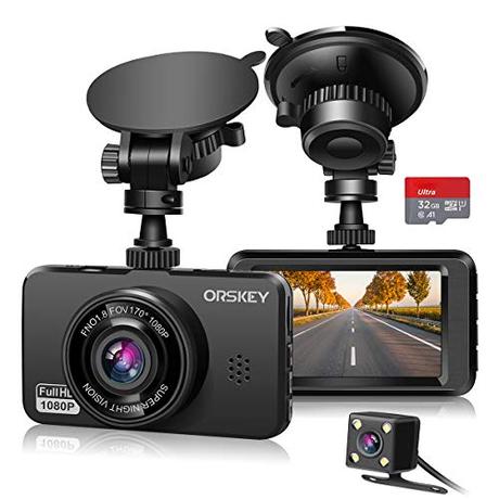ORSKEY Cámara de Coche Delantera y Trasera, Tarjeta 32GB SD incluida Dashcam de Doble Lente 1080P Full HD para Coches de 170º Gran Angular con Grabación en Bucle y Sensor G