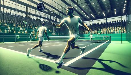 una cancha de pádel, con dos jugadores en acción