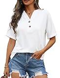 PASUDA Camiseta Mujer de Manga Corta Verano Cuello en V Camisetas Elegante Camisas Casual Blusas Sólido T-Shirt Básico Suelta Tops (Blanco, L)