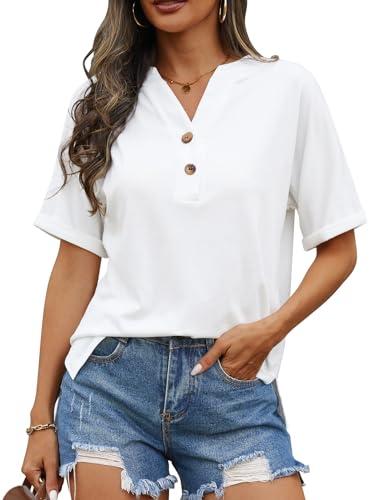PASUDA Camiseta Mujer de Manga Corta Verano Cuello en V Camisetas Elegante Camisas Casual Blusas Sólido T-Shirt Básico Suelta Tops (Blanco, L)