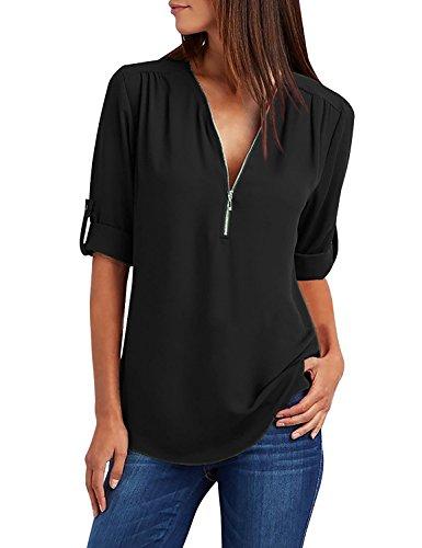 Yuson Girl Camisas Mujer Nuevo Blusas para Mujer Vaquera Sexy Gasa Tops Camisetas Mujer Cremallera Manga Corta Blusas(Negro, S)