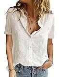 Yuson Girl Blusas Mujer Elegante Camisa Mujer Manga Corta Sexy Camisetas con Cuello en V Verano Top Camisa Casual de Algodón con Botones Informal Blusas Mujer Verano(Blanco, M)