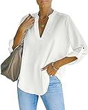 NONSAR Blusa elegante para mujer con cuello en V, blusa Henley con mangas que se pueden remangar, blusa suelta, Blanco, XXL