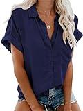 Glacspyg La Blusa de Manga Corta para Mujer Camisa Casual de Verano con Bolsillos y Botones Azul Oscuro L