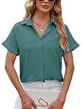 EDOTON Blusa para Mujer con Cuello en V y Manga Cort Camisas Tipo Túnica Tops de Trabajo Informales Elegantes con Botones Blusas Sueltas (XL,Verde Oscuro)