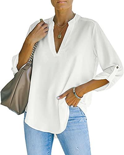 NONSAR Blusa elegante para mujer con cuello en V, blusa Henley con mangas que se pueden remangar, blusa suelta, Blanco, XXL