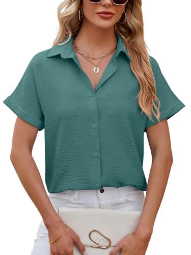 EDOTON Blusa para Mujer con Cuello en V y Manga Cort Camisas Tipo Túnica Tops de Trabajo Informales Elegantes con Botones Blusas Sueltas (XL,Verde Oscuro)