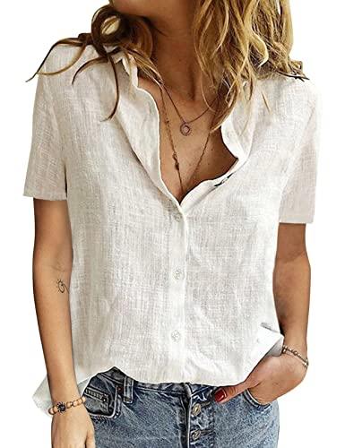 Yuson Girl Blusas Mujer Elegante Camisa Mujer Manga Corta Sexy Camisetas con Cuello en V Verano Top Camisa Casual de Algodón con Botones Informal Blusas Mujer Verano(Blanco, M)