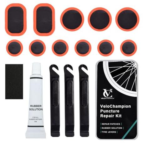 VeloChampion Kit Repara Pinchazos para Bicicleta de Carretera, Montaña, BMX. Kit Reparación Bici Pegamento Vulcanizante, 11 Parches, 3 Palancas de Neumáticos