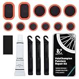 VeloChampion Kit Repara Pinchazos para Bicicleta de Carretera, Montaña, BMX. Kit Reparación Bici Pegamento Vulcanizante, 11 Parches, 3 Palancas de Neumáticos