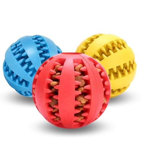 (Pack de 3) Pelota para perros; Juguete interactivo; Dispensadora de gominolas; Duradera y flexible; Fabricadas con goma natural; Ideal para Limpiar los Dientes; 5 cm; Color rojo, azul y amarillo