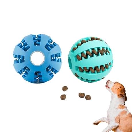 DistriPet Pelota Perro, Juguete Perro, Set de 2 Unidades de Caucho Natural, Bolas de Limpieza de Dientes y Dispensador de Golosinas Duradero y Resistente (5 cm - Azul y Verde)