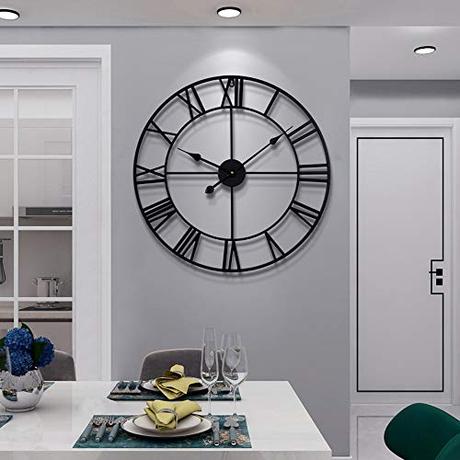 HAITANG Reloj de Pared Grande de Metal Redondo de Estilo Vintage Silencioso Sin tictac Funciona con Pilas 40cm 50cm 60cm Números Romanos Negros Relojes para Sala de Estar Dormitorio Cocina Decoración