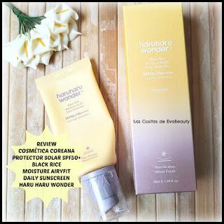 Review Cosmética Coreana Protector solar SPF50 Black Rice Moisture Airyfit Daily Sunscreen HaruHaru Wonder blog de belleza beautyblogger microinfluencer ugc creadora contenido nuevo post new post kbeauty belleza beauty korean beauty reseña opinion cuidado facial skincare
