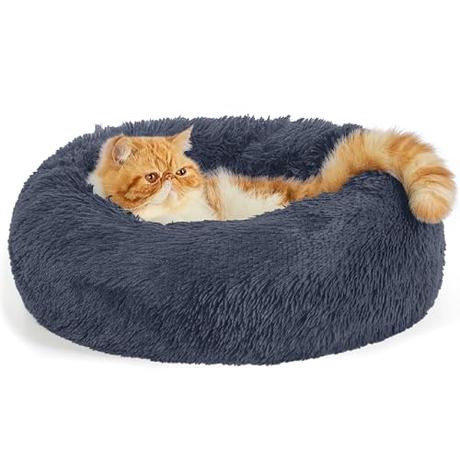 Bedsure Cama Gato Antiestres Invierno - Cama Perro Pequeño con Felpa Suave, Cojin Mascota de Pelo Relajante y Lavable,Gris Oscuro,50x50CM