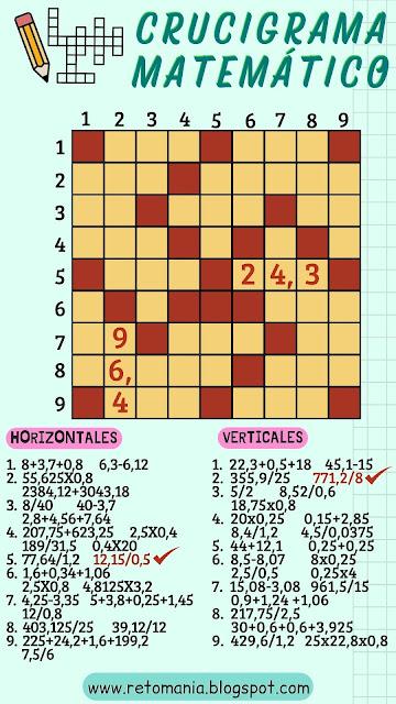Desafíos matemáticos, Retos matemáticos, Problemas matemáticos, Problemas de Ingenio matemático, Retos visuales, Retos mentales, Retos virales, Juego de Letras, Crucinúmero, Crucigrama, Crucigrama matemático, Pasatiempos, Gimnasia matemática, Gimnasia para el cerebro, Juegos Educativos, Matematigramas