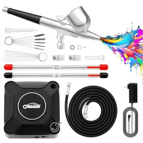 Oasser Mini Kit Aerógrafo con Compresor Profesional Airbrush Doble Acción Juego de Pistola Regulación de Voltaje Continua Pintura Art ística Uña AK2