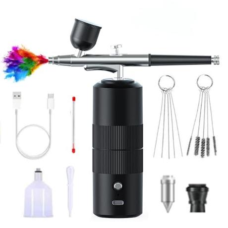 Kit Aerógrafo con Compresor Profesional Airbrush, 36 PSI aerógrafo inalámbrico Recargable para Tatuajes, Maquillaje, uñas, Modelo, Arte Hobby - para Profesionales y Principiantes (Black-A05)