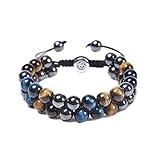 FFWTPY 8mm Réglable Bracelet Pierre Naturelle Oeil de Tigre Homme Noir et Bleu Elastique Bracelets Perle Élastique Perles (Bleu noir)