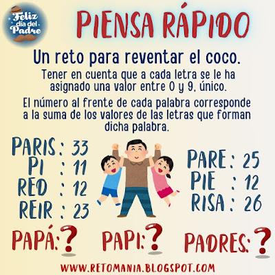 Desafíos matemáticos, Retos matemáticos, Problemas matemáticos, Retos mentales, Juegos mentales, Juegos Educativos, Gimnasia matemática, Gimnasia para el cerebro, Acertijos, Acertijos visuales, Retos virales, Acertijos matemáticos, Día de papá, Día del Padre, Retos Solo para Genios, Descubre el número, Descubre el Resultado, Piensa Rápido, Alfamética, Criptoaritmética, Descubre el valor