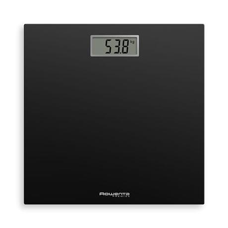 Rowenta BS1400 Premiss - Báscula de baño con Pantalla LCD, de diseño fino de 2cm de alto, hasta 150 kg y 100 gr de precisión, encendido y apagado automático, Negro