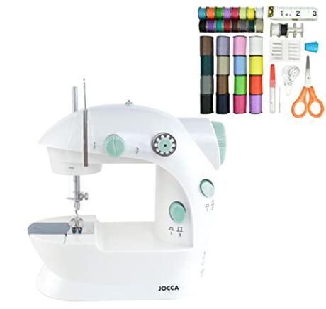 Jocca - Máquina de coser portátil con Kit de Costura de 48 Accesorios | Máquina de coser pequeña | Fácil de usar | Doble puntada | Pies antideslizantes | Puntada de refuerzo | Enchufe y Pedal