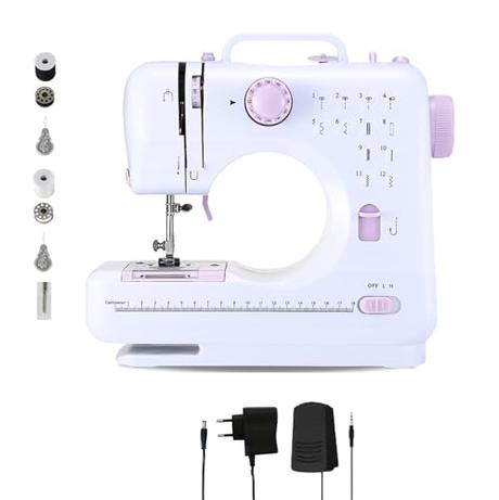 Máquina de Coser Portátil con 2 Velocidades y 12 Puntadas, Pedal, 2 Carretes, Aguja de Recambio, Cortador de Hilo y Luz de Trabajo, Funcionamiento con Cable o Pilas AA (no incluidas).