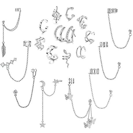 Diamday 18Pcs Ear Cuff Pendientes Cadena para Mujer Manguito Oreja Pendientes Cadena con Clip Ajustable Cartílago Hélice Pendiente Clip On Wrap Ear Cuff Pendientes No Perforado Plata