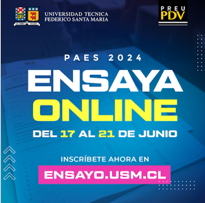 Invitación Ensayo On line PAES 2024 de la Universidad Técnica Federico Santa María (UTFSM) para estudiantes de 3° y 4° medios y egresados. Invitación Ensayo On line PAES 2024 de la Universidad Técnica Federico Santa María (UTFSM) para estudiantes de 3° y 4° medios y egresados.