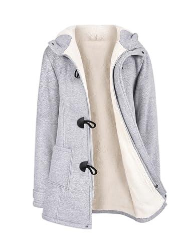 Yuson Girl Abrigos Mujer Invierno Chaqueta con Horn Botones Espesar Hoodie Abrigo Elegantes Sudaderas Mujer con Capucha Casual Jacket Cardigans Tops Cremallera Outwear con Bolsillos(Gris claro, L)