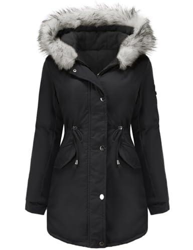 Tuopuda Abrigo Parka Mujer Largo con capucha de piel Abrigo Gruesa de Lana para Mujer con Bolsillos Chaqueta Cremallera de invierno Abrigo cálido a Prueba de Viento(Negro,XL)