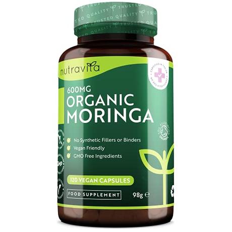 Moringa Oleifera Orgánica Bio de 600 mg por Cápsula - Suplemento de Hojas de Moringa Oleifera - 120 Cápsulas Veganas, Suministro para 4 Meses - Sin Aglutinantes ni Rellenos Sintéticos - Nutravita