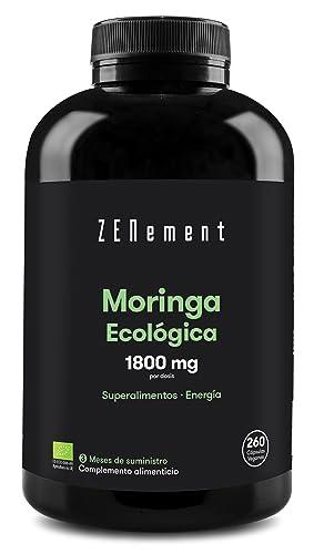 Moringa Oleifera Ecológica Pura Alta Dosis de 1800mg - 260 Cápsulas Veganas - Superalimento Fuente Natural de Vitaminas, Minerales, Antioxidantes y Proteínas Veganas Para 3 Meses De Suministro