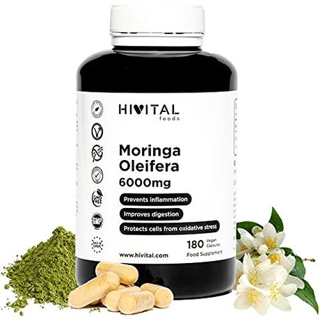 Moringa Oleifera 6000 mg. 180 cápsulas veganas. Extracto natural fuente de Vitaminas, Minerales, Aminoácidos y Ácidos grasos. Antioxidante y Antiinflamatorio para mejorar la digestión