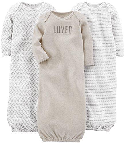 Simple Joys by Carter's 3-Pack Neutral Cotton Sleeper Gown Infant-and-Toddler-Nightgowns, Gris/Blanco, 0-3 Meses (Pack de 3) Unisex bebé