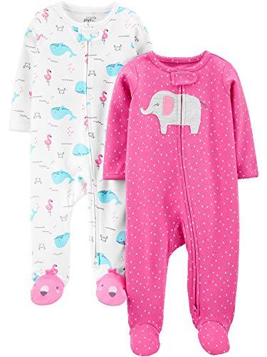 Simple Joys by Carter's Cotton Sleep and Play, Pack of 2 Duermen para bebés pequeños, Blanco Vida Marina/Rosa Elefante, 0-3 Meses (Pack de 2) Bebé Niñas