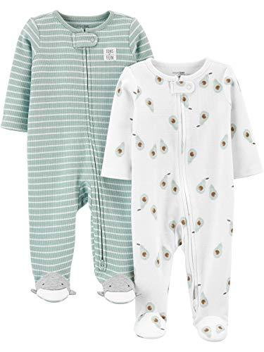 Simple Joys by Carter's 2-Way Zip Thermal Footed Sleep and Play, Pack of 2 Duermen para bebés y niños pequeños, Blanco Aguacates/Verde Menta Rayas, 0-3 Meses (Pack de 2) Unisex bebé
