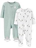 Simple Joys by Carter's 2-Way Zip Thermal Footed Sleep and Play, Pack of 2 Duermen para bebés y niños pequeños, Blanco Aguacates/Verde Menta Rayas, 0-3 Meses (Pack de 2) Unisex bebé
