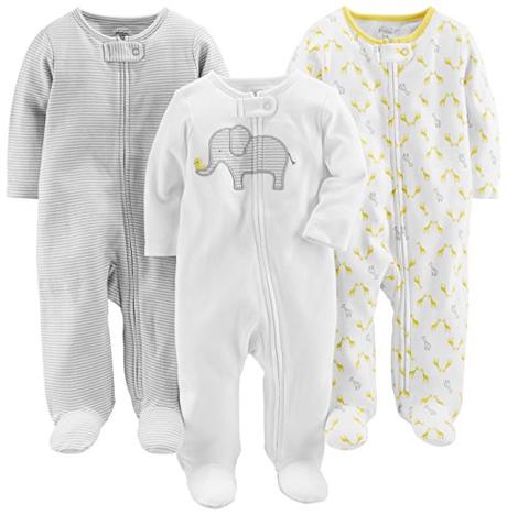 Simple Joys by Carter's 3-Pack Neutral Sleep and Play Infant Toddler-Bodysuits, Blanco Elefante/Gris Claro Mini Rayas/Jirafa, 6-9 Meses (Pack de 3) Unisex bebé