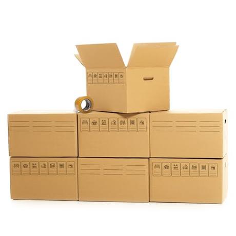 GROWMANIA Pack 10 Cajas de Cartón 50 x 30 x 30 + Precinto de Regalo | Cajas Resistentes Mudanza y Almacenaje con Asas Transporte Marron | Aptas para Envíos con Iconos Identificativos