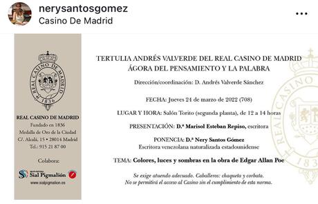 De luces y sombras. Los colores en la literatura y en la obra de Edgar Allan Poe: ponencia de Nery Santos Gomez en el Gran Casino de Madrid en marzo del 2022, con fotos del museo de Richmond, Virginia 2024