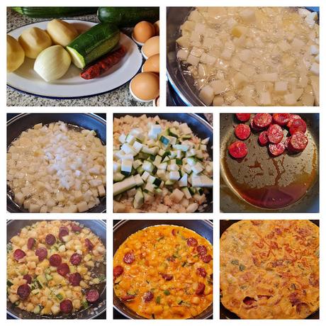 Tortilla de patatas con calabacín y chorizo
